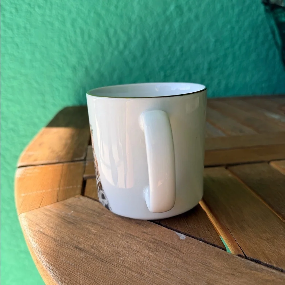 West Elm White Mug with Leopard Design